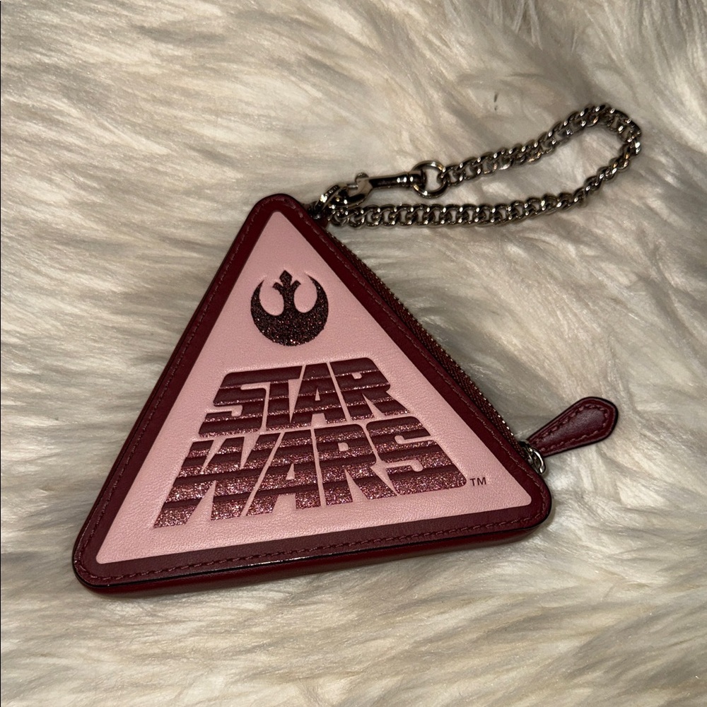 Coach Star Wars Triangle Pink and Burgundy Leather Coin Pouch with Chain